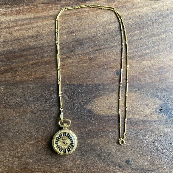 Bucherer Gold Tone Floral Engraved Pendant Pocket Watch w/ Chain *Read* - Picture 2 of 12